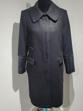 Novelti Women's Wool-Blend Knee-Length Coat w/ Faux Leather Cuffs & Trim 8 Black